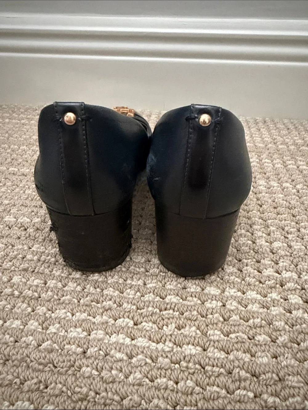Tory Burch Black Leather stack heel with Gold Logo Plaque